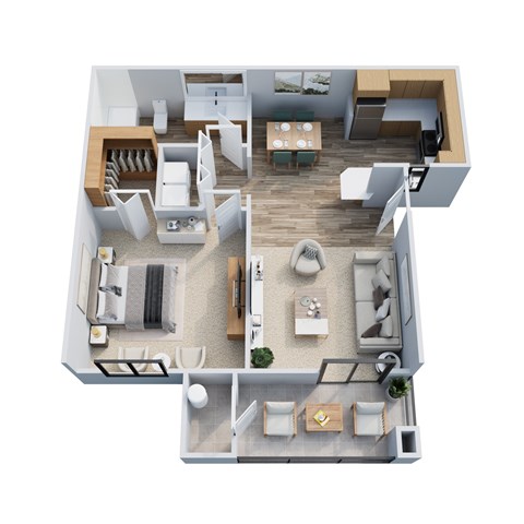 A top-down view of a modern apartment layout with a living room, kitchen, dining area, and bathroom.